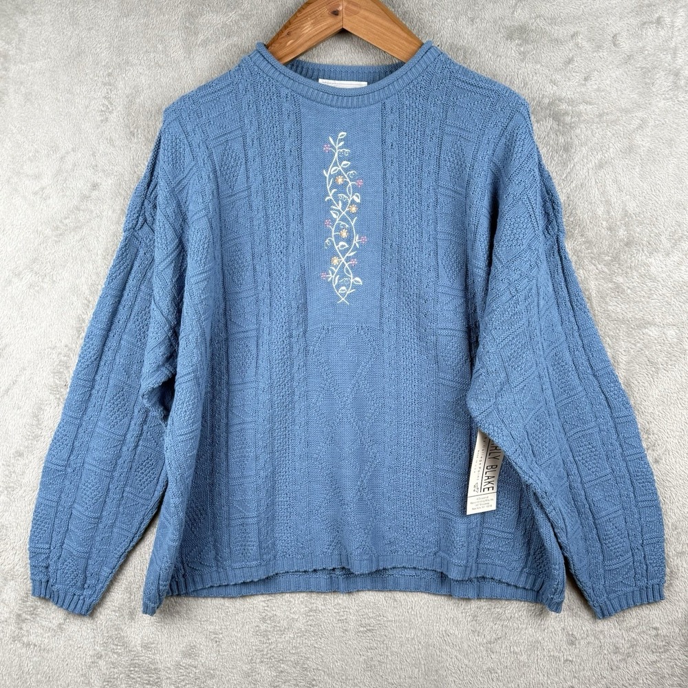 Carly Blake Sweater Womens 3X Blue Floral Grandma Knit Cute 90s Dead Stock NWT